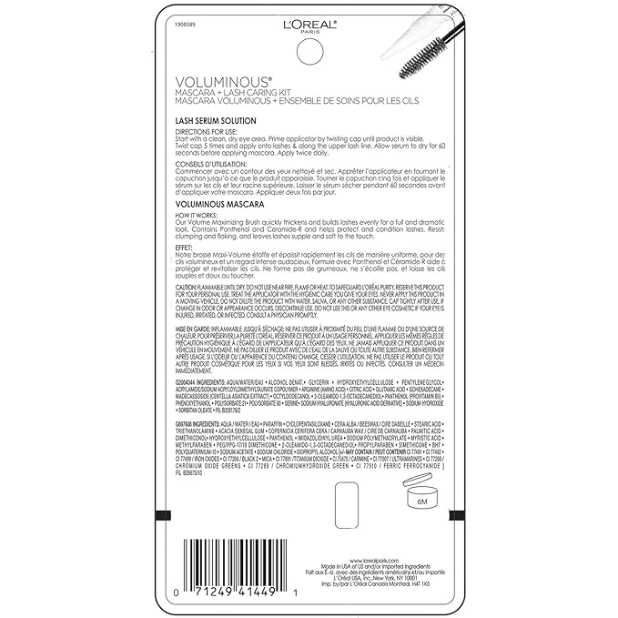 L'Oreal Paris Lash Serum + Voluminous Washable Blackest Black Mascara 0.25 Fl Oz Double pack