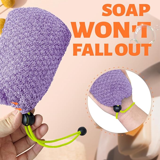 MIG4U Exfoliating Soap Bag for Shower 2 Pieces - Bar Soap Saver Pouch, Bamboo Body Scrubber Exfoliator Pocket in Travel Bathing, Purple