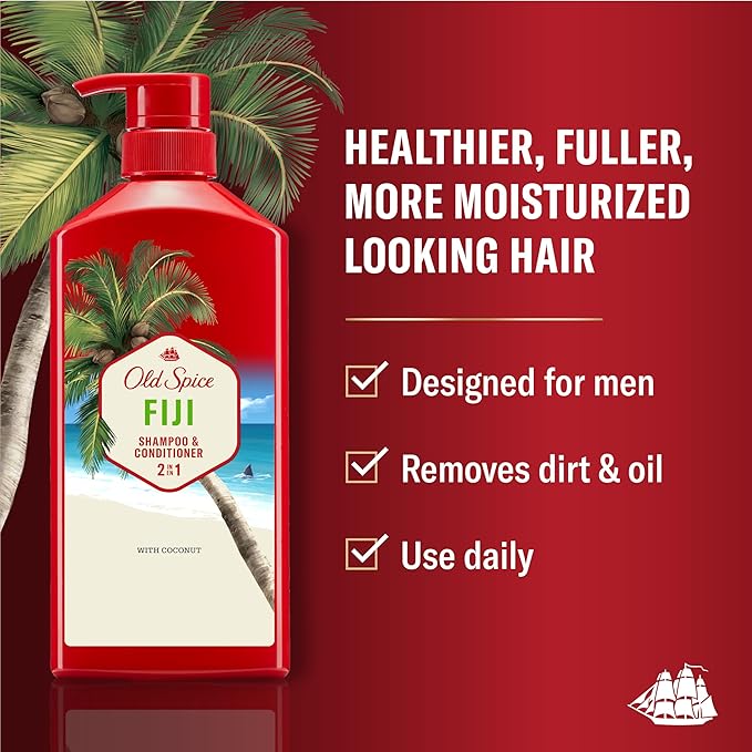 Old Spice Fiji 2-in-1 Shampoo and Conditioner Set for Men, Coconut & Tropical Wood Scent, Healthier, Fuller, More Moisturized Looking Hair, 21.9 Fl Oz Each, Twin Pack