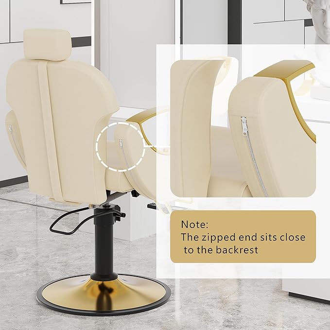 Barber Chair, Reclining Hair Salon Chair, 360 Degrees Swivel Styling Chair, Height Adjustable Hydraulic Shampoo Chairs, Spa Equipment (Off-White)