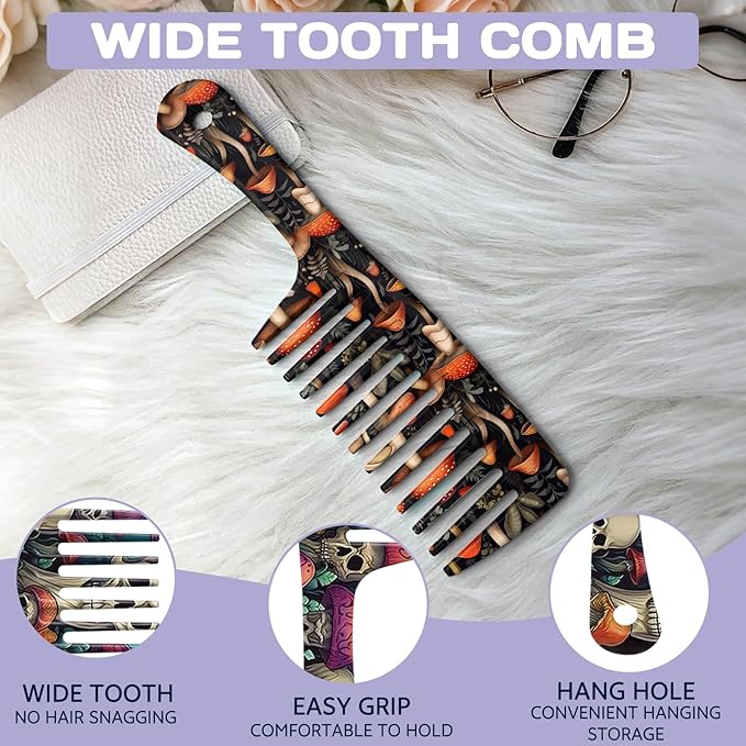 2PCS Wide Tooth Comb,Effortless Tangle Removal for Long Hair Styling Comb for Curly,Wet,Cute Aesthetic Design for Women Men and Girls(Black-Mushroom-19)