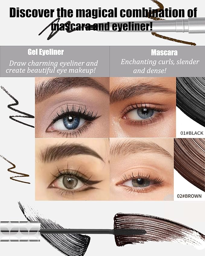 Black Mascara and Waterproof Eyeliner Pencil Set for Older Women 60 Plus,Length and Volume Mascara for Mature Women,Retractable Eye Liner Matte Cream Waterline Eyeliner Makeup for Sensitive Eye-Set A