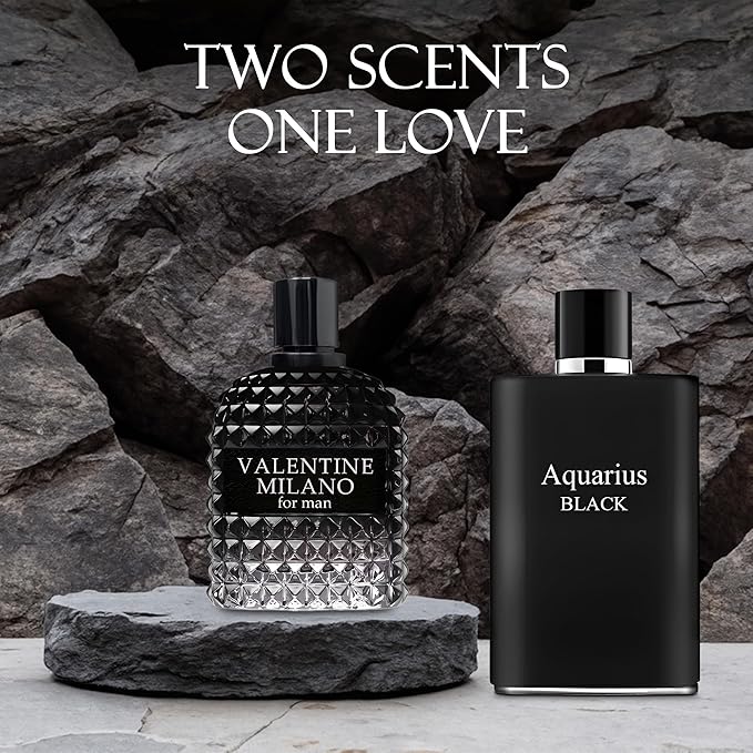 2PCS Valentine Milano/Aquari Black Eau De Toilette for Men-Fresh,Romantic Scent Perfume for Men 3.4 Fl Oz Each Mens Cologne For All Skin Daily Used