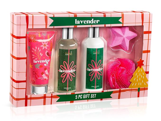 Freida & Joe Fragrance Bath & Body Collection Gift Box, Includes Shower Gel, Body Lotion, Body Scrub, Bath Bomb & Sponge (Lavender - Pink)