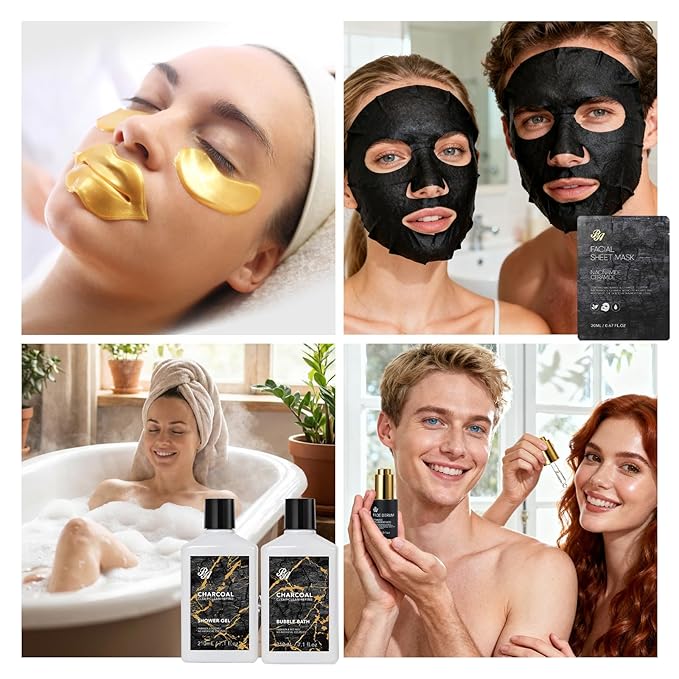 25 Pcs Bath & Body Gift Set for Women, Charcoal Skin Care Kit, Spa Gift Basket, Self Care, Cosmetic Bag, Serum, Necklace, Perfume, Eye Mask, Present, Christmas, Valentine's, Birthday, Mother's Day