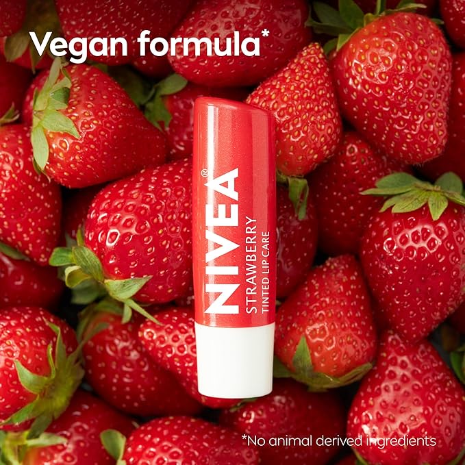 NIVEA Strawberry Lip Care, Tinted Lip Balm Pack with Shea Butter, Nourishing Oils and Vitamin C & E, 3-in-1 Moisture, Repair and Color, 0.17 Oz Stick, Pack of 4
