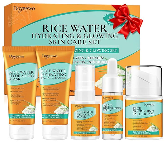 Skin Care Set,5Pcs Women Teen Glass Skincare w/Korean Rice Extract,Hydrate Glow Repair Anti-Aging Facial Routine Mini Kit Self Care Gifts for Women Mom Wife Teens Teenage Girl Airplane-Friendly Sizes