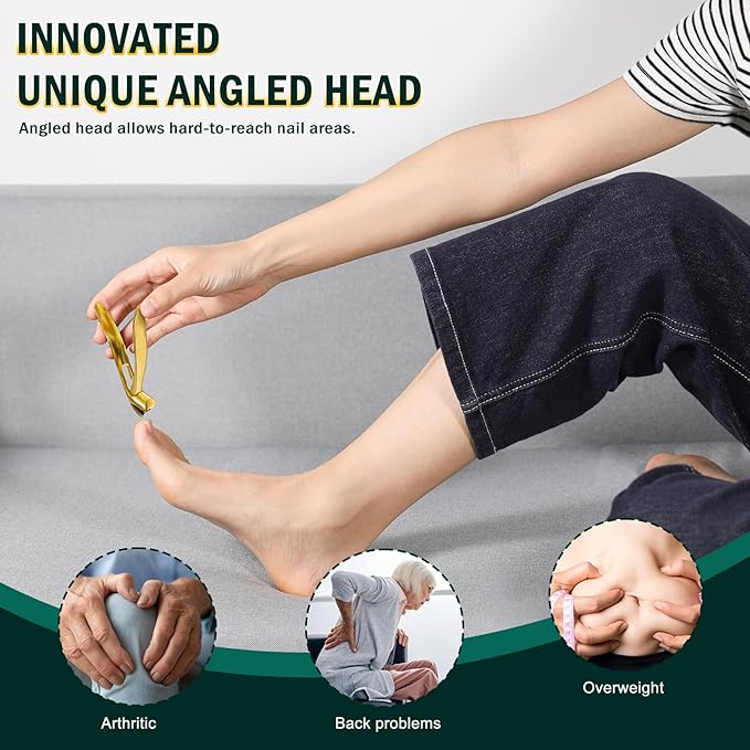 FVION Ergonomic Seniors Toenail Clippers, Curved Head Toe Nail Clippers for Thick Nails with Nail Catcher and Metal Nail File, Precision Nail Care Tool for Easier Trimming (Gold)