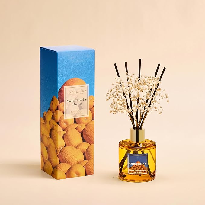 COCORRÍNA Reed Diffuser - Morton Pumpkin Harvest Reed Diffuser Set with 8 Sticks & Preserved Baby's Breath, Reed Diffuser for Home Bathroom Shelf Decor