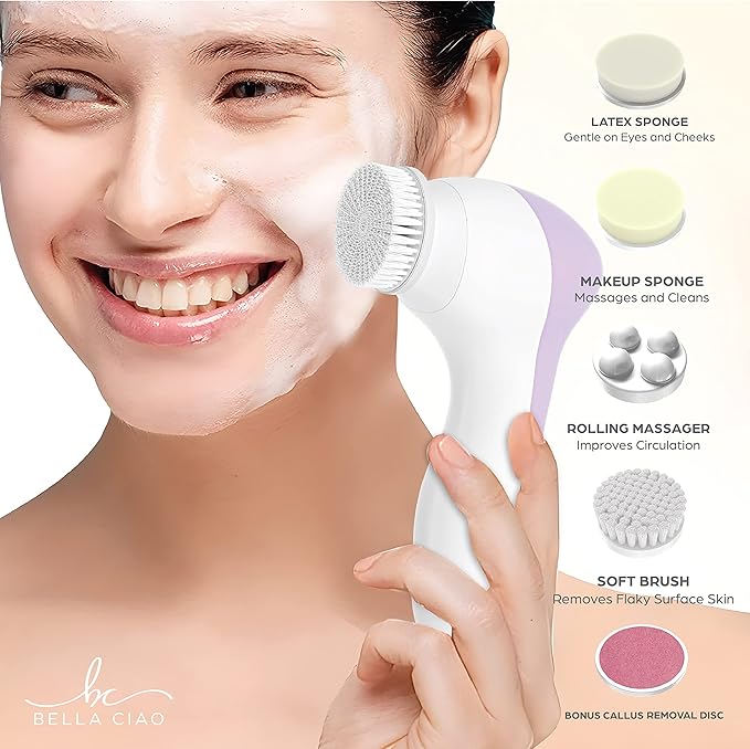 Bella Ciao 6-Piece Facial Cleansing and Exfoliating Set with Soft Facial Brush, Rolling Massager Head, Latex Sponge, Makeup Sponge, and Callus-Remover Disc, Batteries Not Included, Lavender