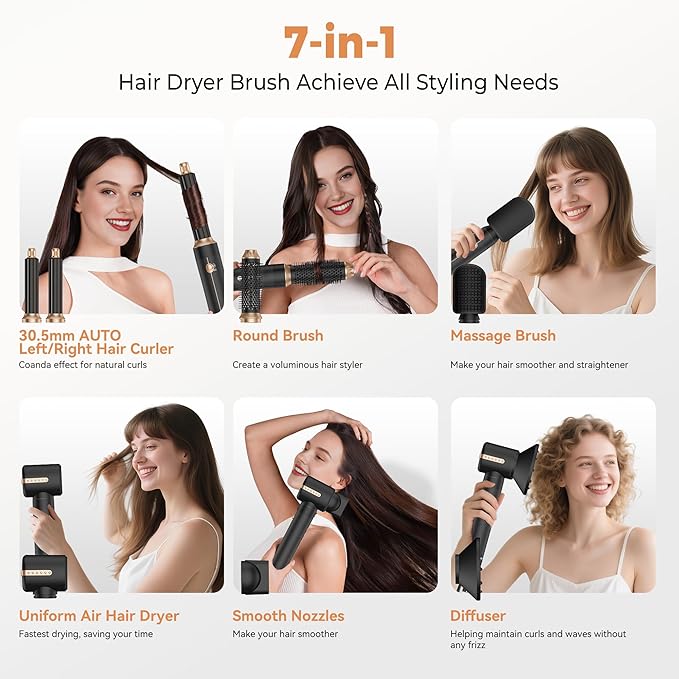 7 in ONE Hair Dryer Brush, Powerful Blow Dryer Brush with Air Curler for Hair, Brush Blow Dryer with Diffuser, Ionic Hot Air Brush Fast Dry, Volumize, Curls, Straight, Hair Styling Tools 100-120V