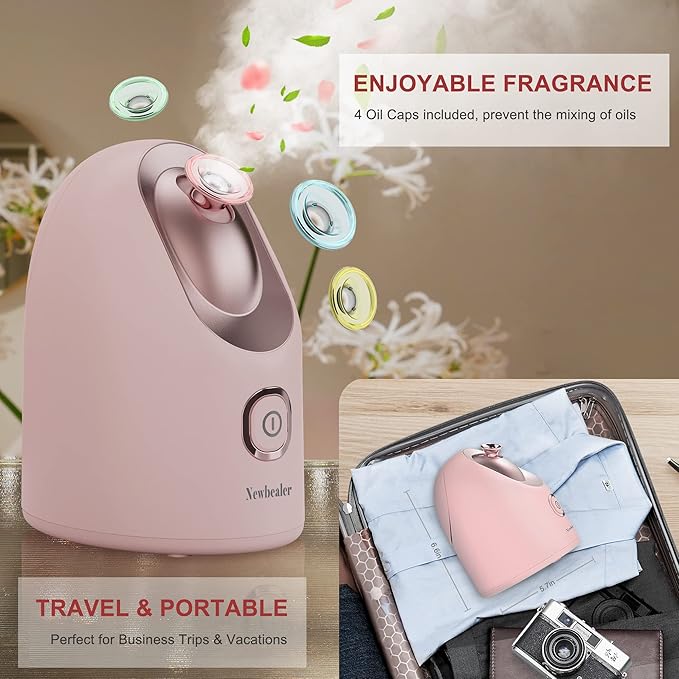 Newbealer Facial Steamer, Mini Aroma Face Steamer, Nano Ionic Hot Mist Facial Humidifier Atomizer, Home Sauna Spa Sprayer Moisturizing Cleansing Pores, 9 Pieces Acne Remover Kit (Pink-Gold, 160ml)