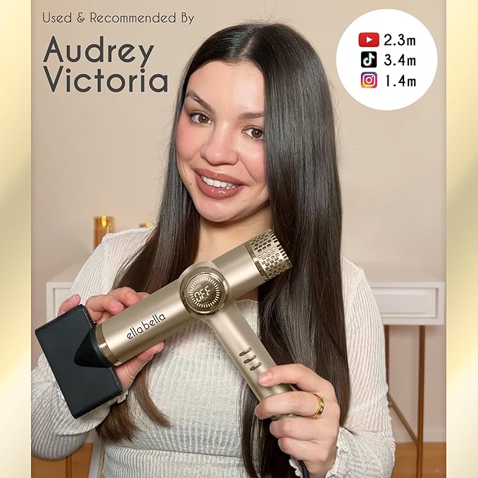 ELLA BELLA® Professional Ionic Hair Dryer with Diffuser • Negative Ion Blow Dryer • Suitable All Hair Types • Intelligent Heat Control & Rapid Drying Speeds • Lightweight Design • Low Noise Technology