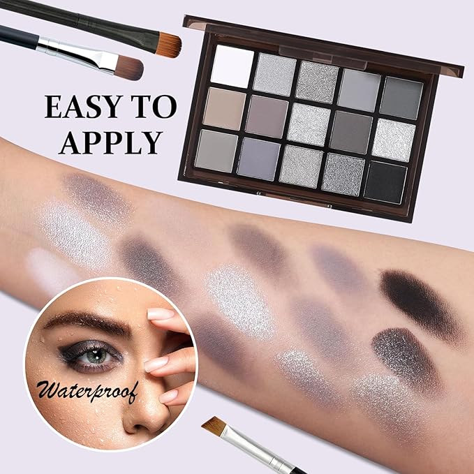 Black Smoky Eyeshadow Palette,Matte & Glitter Eye Shadow Palette for Smoky Goth Eye Makeup,Black White Gray Eyeshadow Makeup Palette,Longlasting Waterproofing Smoky Eyeshadow Palette with 3PCS Brushes