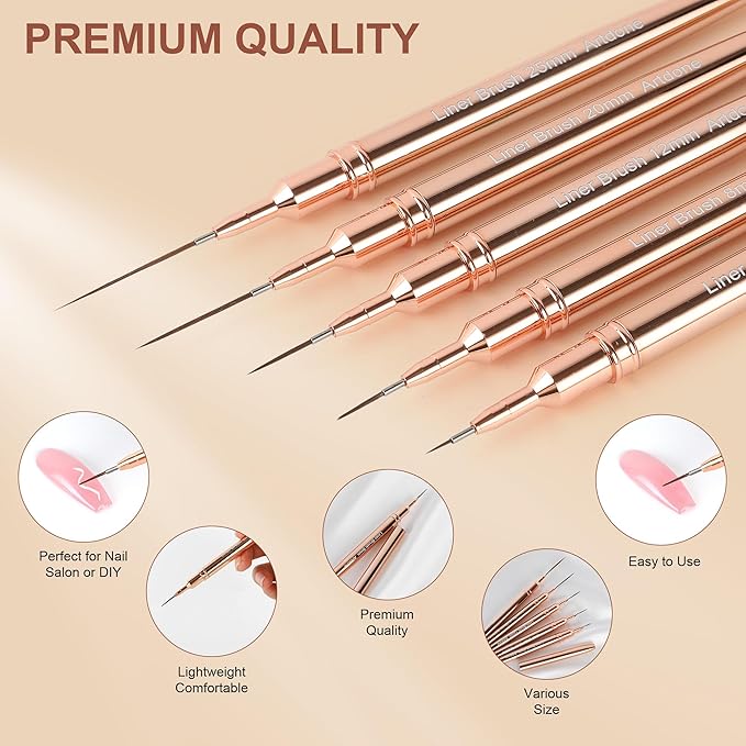 Artdone Metallic Nail Art Pens, Liner Brushes Set, 5PCS Copper Color Nail Tools For Long Lines, Thin Details, Fine Drawing, Liner Brush UV Gel Polish Painting Nail Design Sizes 5/8/12/20/25mm