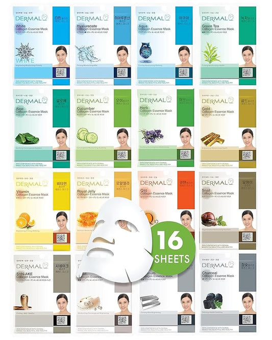 DERMAL Collagen Essence Sheet Mask 16 Combo Pack - 16 Days Daily Skin Therapy for Glow - Aloe, Snail, Vitamin Variety Gift Set - K-Beauty