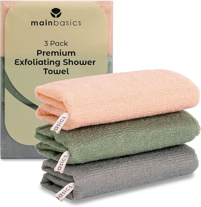 MainBasics Exfoliating Shower Towel - Japanese Nylon Bath Towel and Body Washcloth, Quick-Dry, Durable, Deep Exfoliation (Set of 3, Earthy Love)