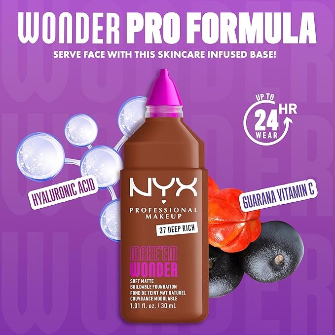 NYX PROFESSIONAL MAKEUP Make 'Em Wonder Liquid Foundation, 24HR Foundation Makeup With A Soft Matte Finish, Buildable Full Coverage - 37 Deep Rich