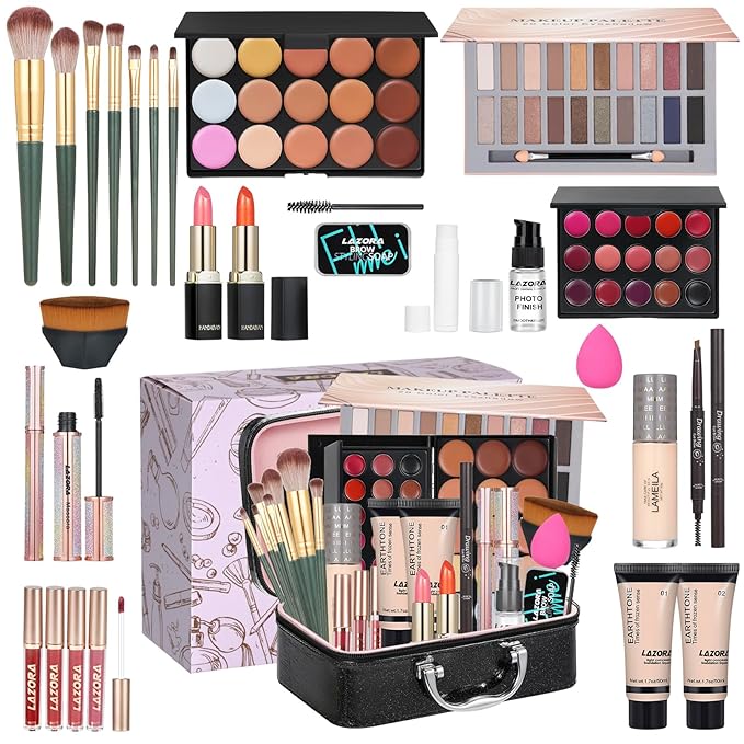 Makeup Kit Full Multi-Purpose Beauty Set Festive Gift Box - Highly Pigmented Palette Combination Lips Facial Brows Eye Brush for Essential Starter - Full Makeup Kit for Women
