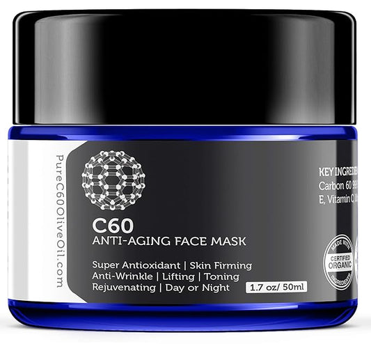 C60 Anti-Aging Face Mask 50ml with Green Tea, Aloe, Ubiquinone (CoQ 10), Vitamin E and Vitamin C for Men & Women Made with Organic Ingredients - From The Leading Global Producer