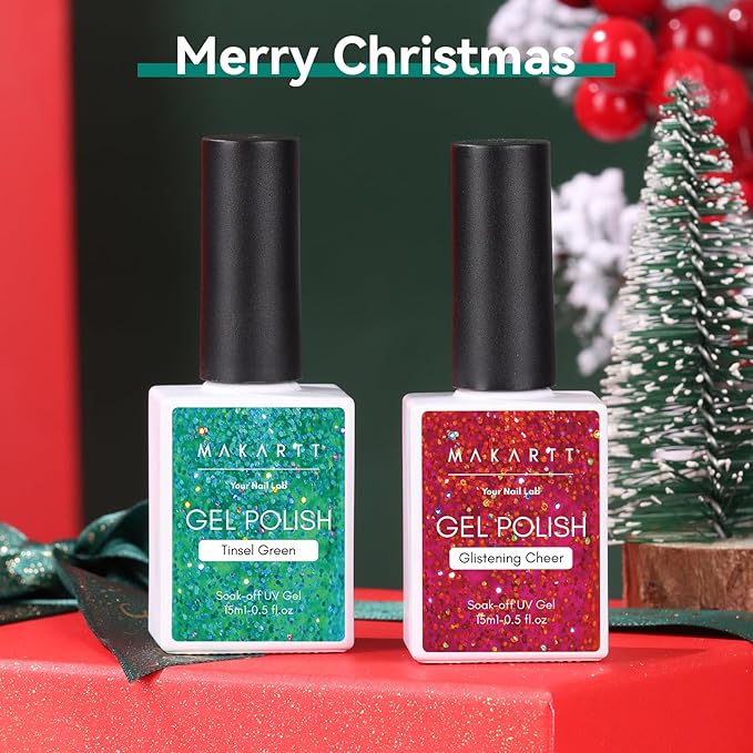 Makartt Christmas Glitter Gel Nail Polish Set - 2 Pcs 15ml Shimmer Gel, UV Soak Off for Nail Art Design, DIY Home Salon Winter Manicure Gift, Tinsel Green & Glistening Cheer