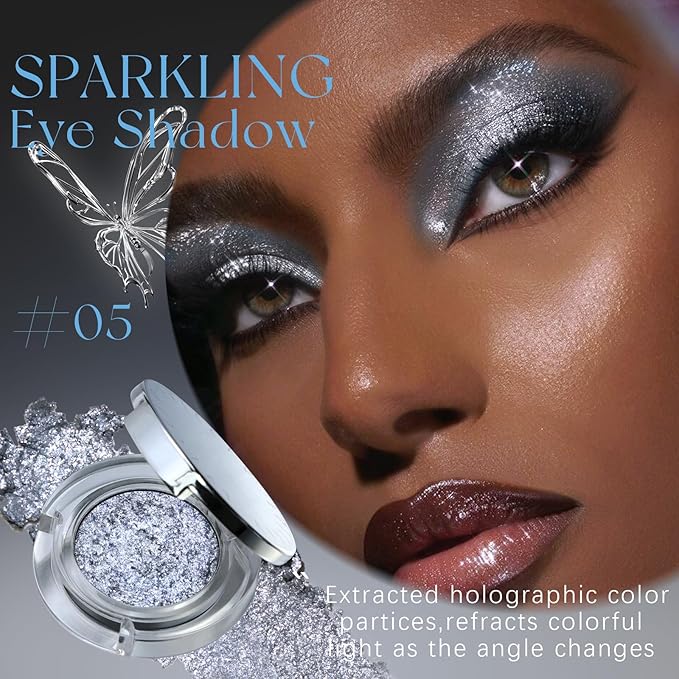 Black Gray Glitter Eyeshadow, Metallic Cool Toned Grey Silver Smoky Single Eyeshadow, Sparkling Inner Corner Eye Highlighter Shimmer Eye Makeup Palette 05