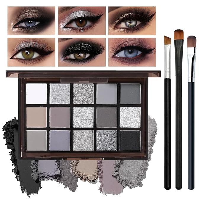 Black Smoky Eyeshadow Palette,Matte & Glitter Eye Shadow Palette for Smoky Goth Eye Makeup,Black White Gray Eyeshadow Makeup Palette,Longlasting Waterproofing Smoky Eyeshadow Palette with 3PCS Brushes