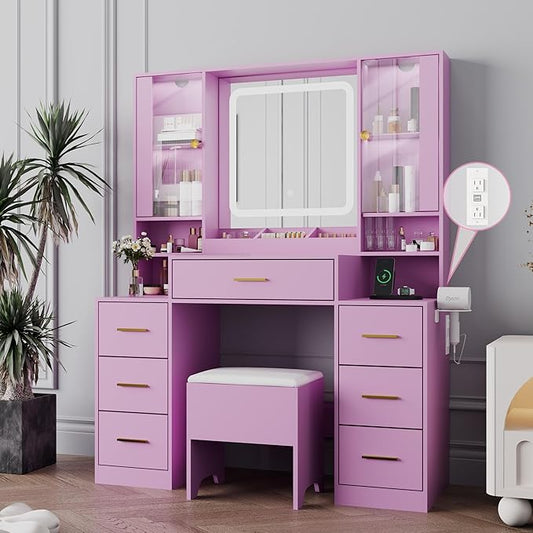 Makeup Vanity with LED Light Strip Mirror and Chair, 7 Drawers & 2 RGB Cabinets Black Vanity Makeup Desk with Power Strip, Adjustable LED Lighting, and Cushioned Stool for Women, Girls, Teens