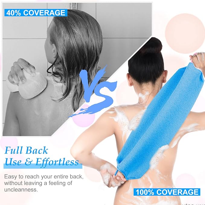 Moukeren Exfoliating Back Scrubber with Handles 4 Pack Nylon Back Exfoliator Extended Length Washers Scrubbers Stretchable Pull Strap Exfoliating Washcloth(Gray, Deep Blue)