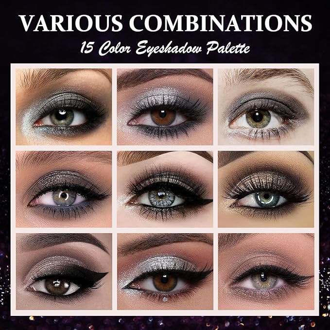 Black Smoky Eyeshadow Palette,Matte & Glitter Eye Shadow Palette for Smoky Goth Eye Makeup,Black White Gray Eyeshadow Makeup Palette,Longlasting Waterproofing Smoky Eyeshadow Palette with 3PCS Brushes