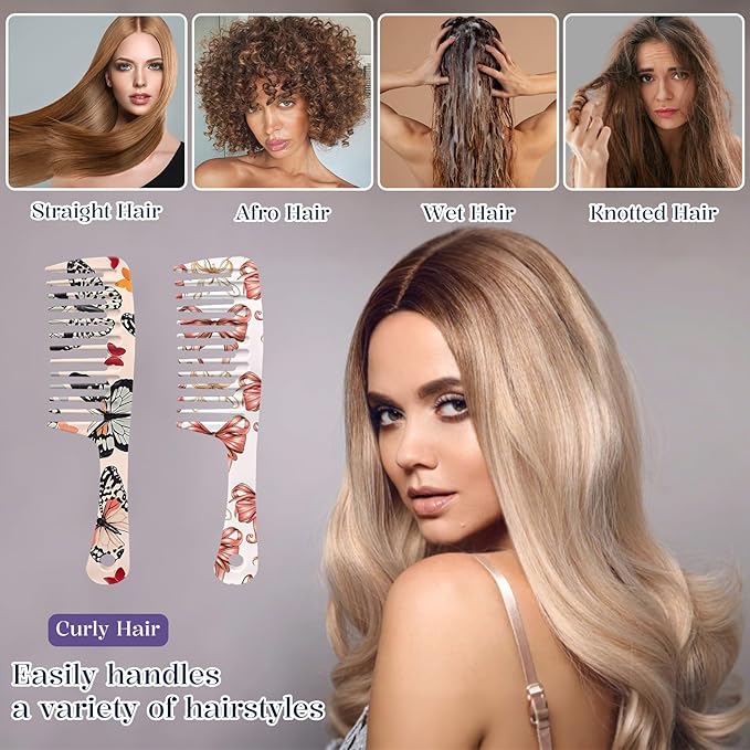 2PCS Wide Tooth Comb,Effortless Tangle Removal for Long Hair Styling Comb for Curly,Wet,Cute Aesthetic Design for Women Men and Girls(Pink-Bow Butterfly-06)