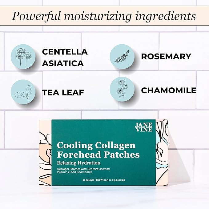 Forehead Wrinkle Patches - Anti Wrinkle Patches - Cooling Collagen Hydration - Wrinkles Treatment - Forehead Collagen Patches with Centella Asiatica, Vitamin E & Hyaluronic Acid - 20 Pcs