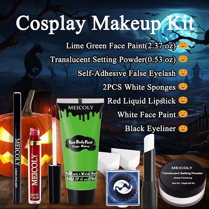MEICOLY Green Face Paint Kit for Halloween Wicked Witch Elphaba Frankenstein Costume,Halloween Green Makeup Frankenstein,White Face Paint Stick,Setting Powder,Red Lipsticks,False Eyelash