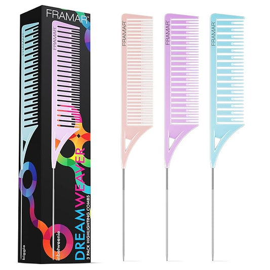 FRAMAR Dreamweaver Highlight Comb Set - Professional Highlighting Comb With Parting Tip, Hair Dye Comb, Foiling Combs For Highlighting, Highlight Combs For Highlighting – 3 Pack Pastel