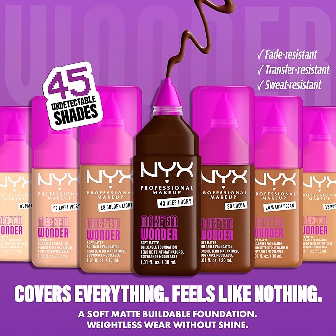 NYX PROFESSIONAL MAKEUP Make 'Em Wonder Liquid Foundation, 24HR Foundation Makeup With A Soft Matte Finish, Buildable Full Coverage - 45 Rich Cocoa