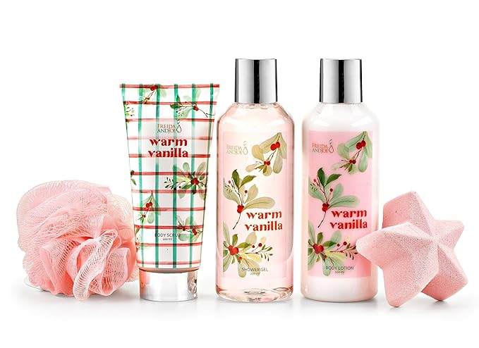 Freida & Joe Fragrance Bath & Body Collection Gift Box, Includes Shower Gel, Body Lotion, Body Scrub, Bath Bomb & Sponge (Warm Vanilla - Pink)