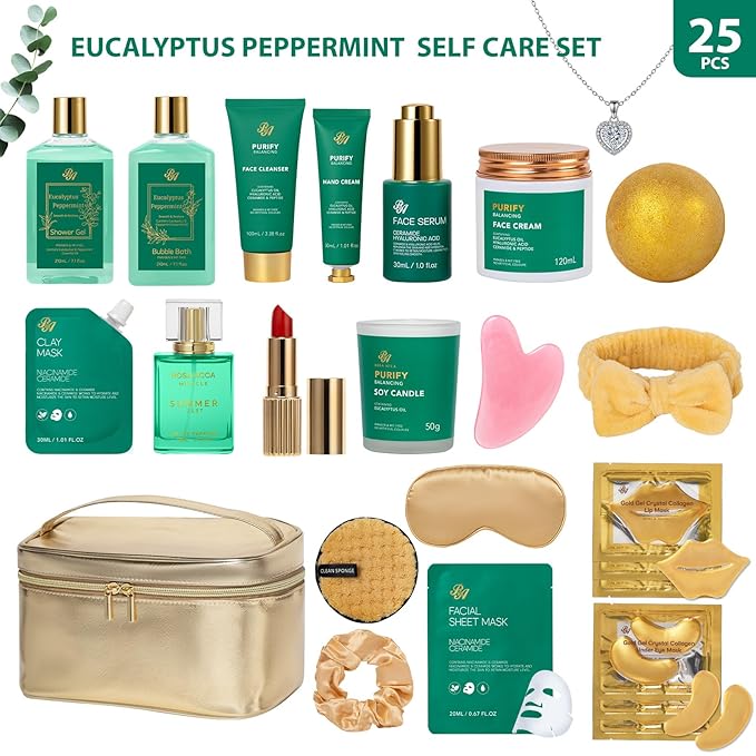 25 Pcs Valentines Day Gifts for Women, Eucalyptus Bath & Body Gift Set, Hydrating Skin Care Set, Spa & Self Care Gift, Cosmetic Bag, Necklace, Christmas, Birthday, Mother's Day