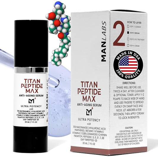 Titan MAX Anti-Aging Peptides Serum for Face – Utra Potency Mens Peptide Serum Moisturizer – Skin Care Men – Face Serum Men – Anti Aging Serum – 10% Niacinamide, HA – All Skin Types–Unscented