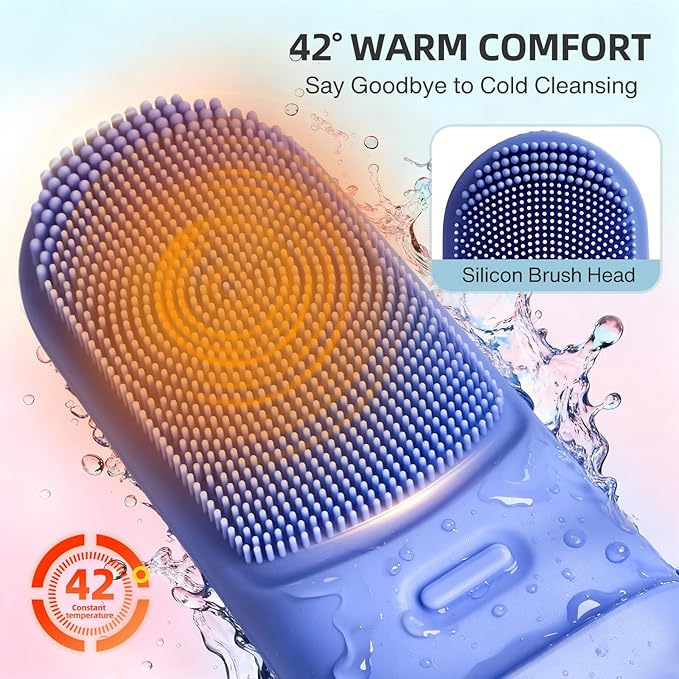 Facial Cleansing Brush,Electric Face Scrubber with Heated,3 Modes Face Scrubber,Waterproof Face Wash Brush,Rechargeable Portable Travel Size Silicone Face Scrubber for Women & Men(Blue)