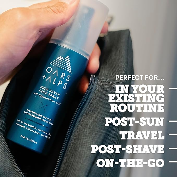 Oars + Alps Skin Saver Facial Spray for Sensitive Skin, Face Spray with Hypochlorous Acid for Breakouts, Itchy, Acne- Prone Skin, Rashes, Redness, Workouts, Traveling, Safe & Clean Ingredients, 3.4oz