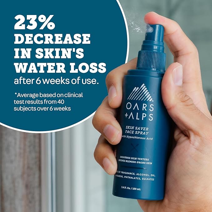 Oars + Alps Skin Saver Facial Spray for Sensitive Skin, Face Spray with Hypochlorous Acid for Breakouts, Itchy, Acne- Prone Skin, Rashes, Redness, Workouts, Traveling, Safe & Clean Ingredients, 3.4oz