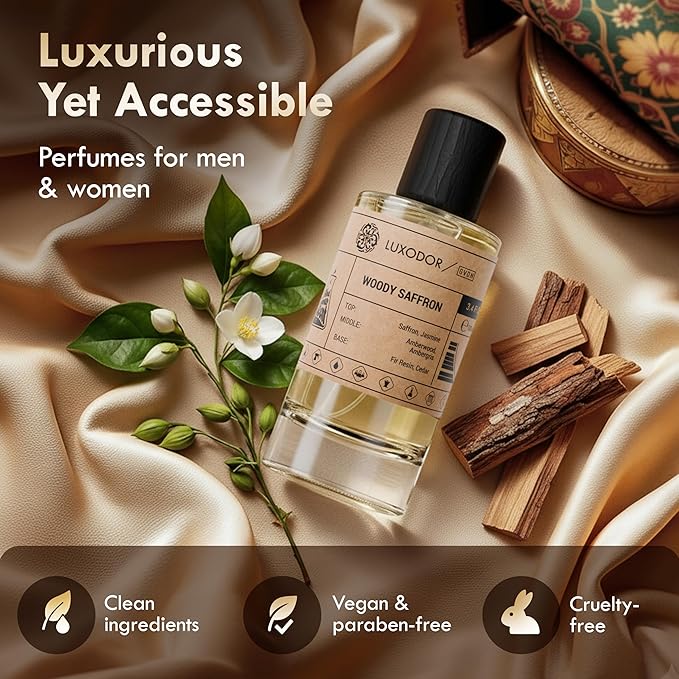 Woody Saffron Perfume for Men & Women, Inspired by MFK Bacarat Rouge 540, 2-Piece Combo of 100 ml Fragrance Spray Bottle and 10 ml Alcohol-Free Roll-On Perfume Oil, Vegan, Paraben-Free, Unisex