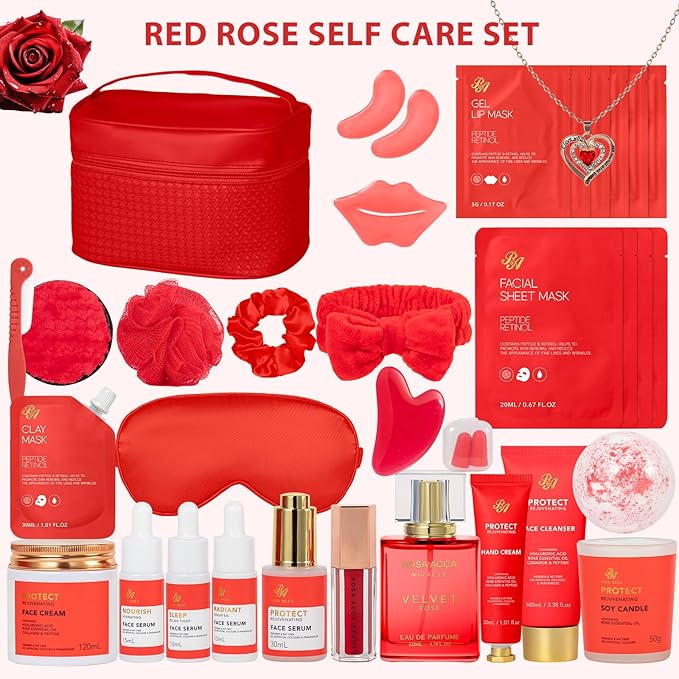 33 pcs Valentines Day Gifts for Women, Red Rose Spa Bath & Body Gift Set, Face Sheet Mask Skin Care, Hydrogel Mask, Lip Gloss, Cosmetic Bag, Serum, Necklace, Cleanser, Gua Sha, Mother Day, Birthday