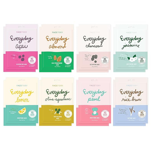 FACETORY K Beauty Face Mask Skin Care - EVERYDAY 8 COLLECTION Sheet Mask Set (16 pc) | Natural Premium Korean Face Mask For All Skin Types - No Sulfates No Parabens