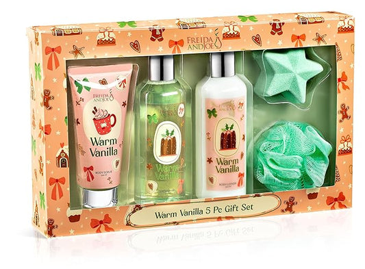 Freida & Joe Fragrance Bath & Body Collection Gift Box, Includes Shower Gel, Body Lotion, Body Scrub, Bath Bomb & Sponge (Warm Vanilla 3.0)