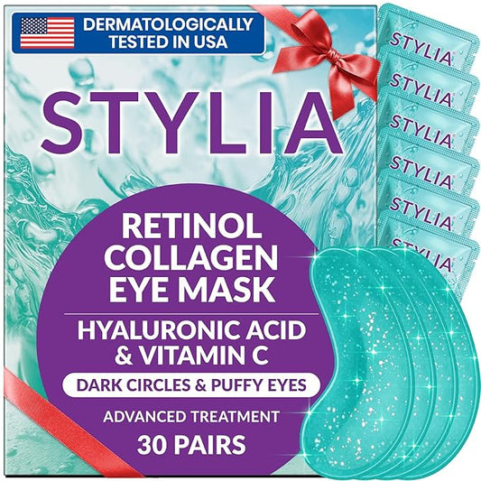 Stylia Under Eye Patches for Puffy Eyes and Dark Circles (30 Pairs) - Marine Collagen Under Eye Mask with Retinol, Vitamin C, Hyaluronic Acid, Pearl Extract - Eye Masks for Dark Circles and Puffiness