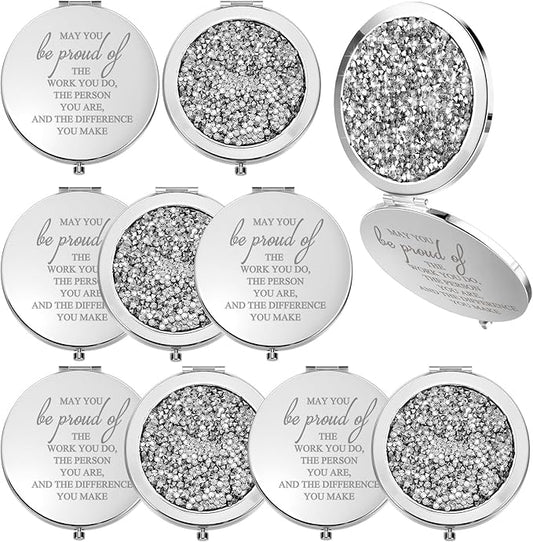 Unittype 10 Pcs Inspirational Compact Mirror for Women Thank You Gifts Bulk Travel Pocket Mirror Appreciation Gift for Women Employee Emergency Nurses Week Gifts (Silver)