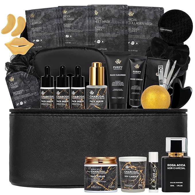 33 Pcs Valentines Day Gifts for Women & Men, Charcoal Hydrating Skin Care Kit, Bath & Body Gift Set, Spa Kit, Leather Bag, Anniversary, Birthday, Christmas, Mothers Day, Father's Day