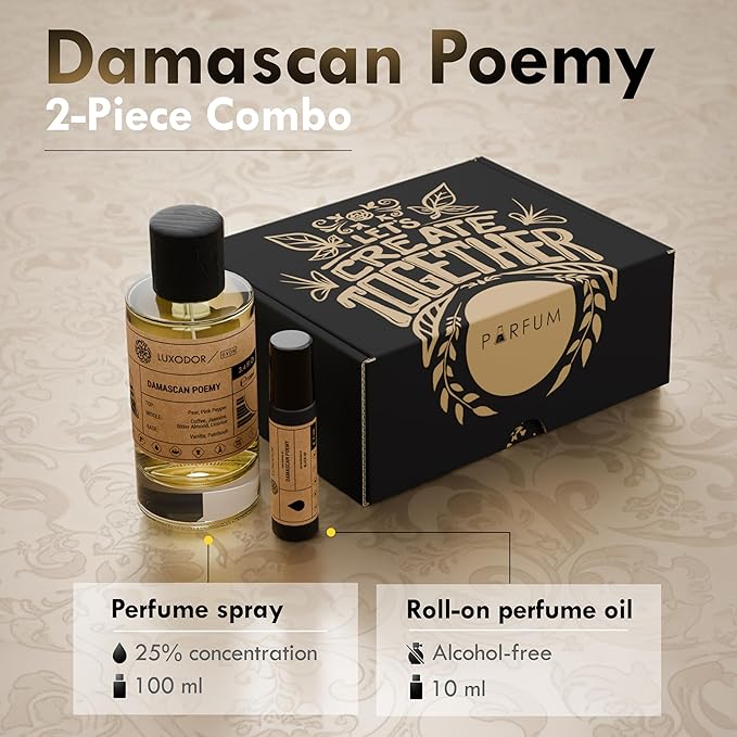 Damascus Poemy - Inspired by Y S.L's B.lack O.pium - pheromones perfumes for women cologne - dupes fragrances - Clean Paraben Free Vegan - 3.4 fl. oz (100ml) with perfume oil 10 ml roll-on