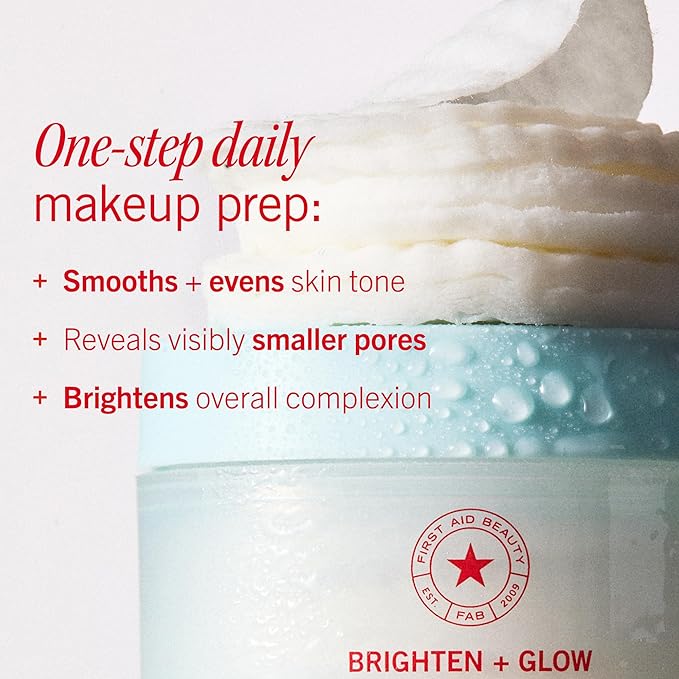 First Aid Beauty - Facial Radiance Pads with Glycolic & Lactic Acids, Daily Exfoliating Pads with AHA, Visibly Smaller Pores, Help Tone & Brighten Skin, One-Step Makeup Prep, Compostable, 60ct